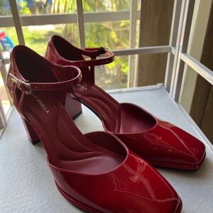 Patent Red Ankle-Strap Block Heels